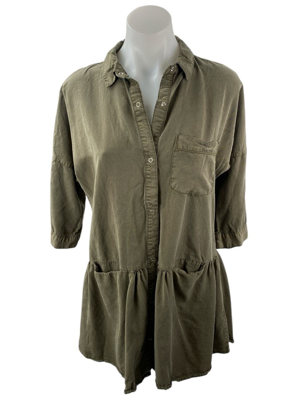 Charlie Paige Women's Olive Green 3/4 Sleeve Button Down Mini Shirt Dress Sz S